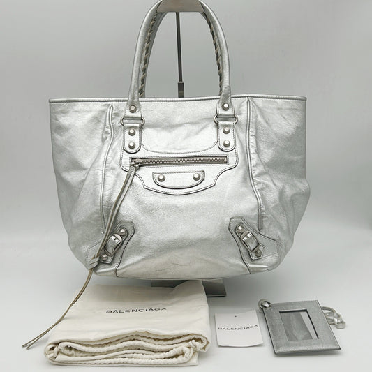 BALENCIAGA Metallic Silver Motorcycle Tote Bag [Used]
