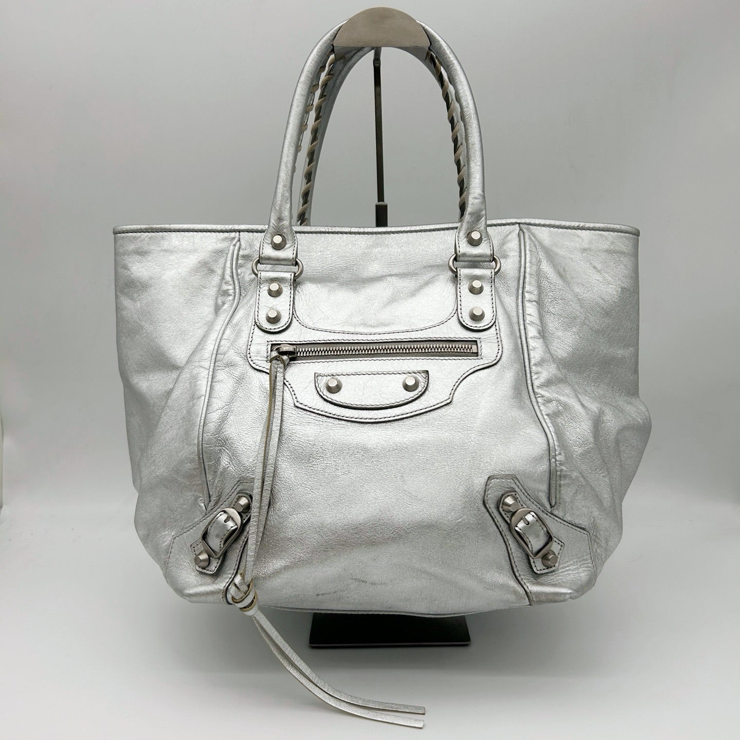 BALENCIAGA Metallic Silver Motorcycle Tote Bag [Used]