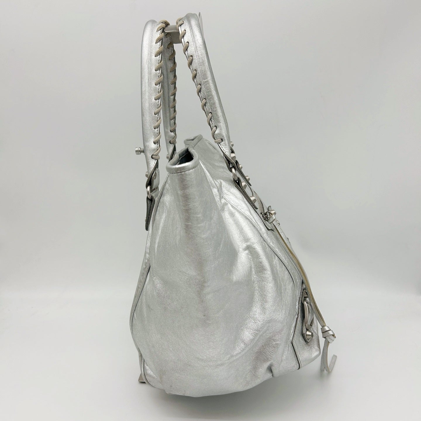 BALENCIAGA Metallic Silver Motorcycle Tote Bag [Used]