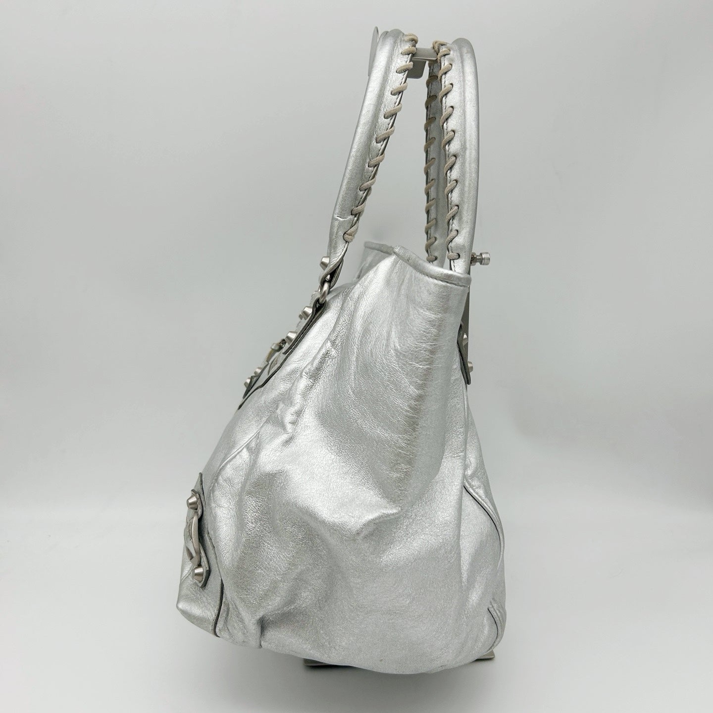BALENCIAGA Metallic Silver Motorcycle Tote Bag [Used]