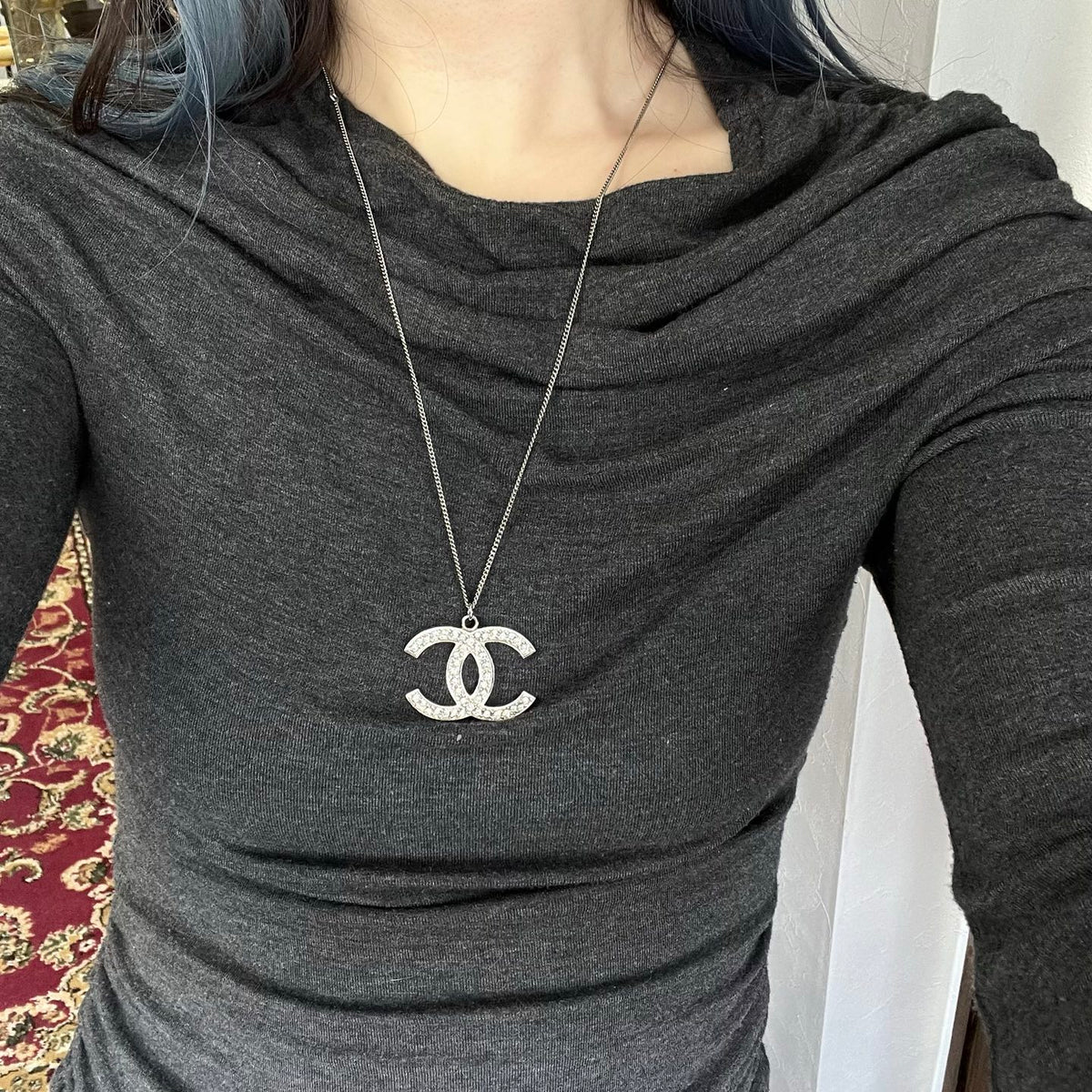 Chanel Silver Crystal CC Necklace [Used]