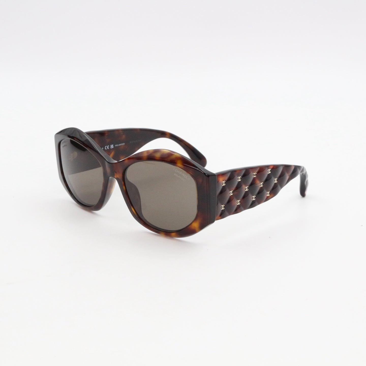 Chanel Tortoiseshell Wide Frame Quilted CC Sunglasses Gold Hardware [Used]