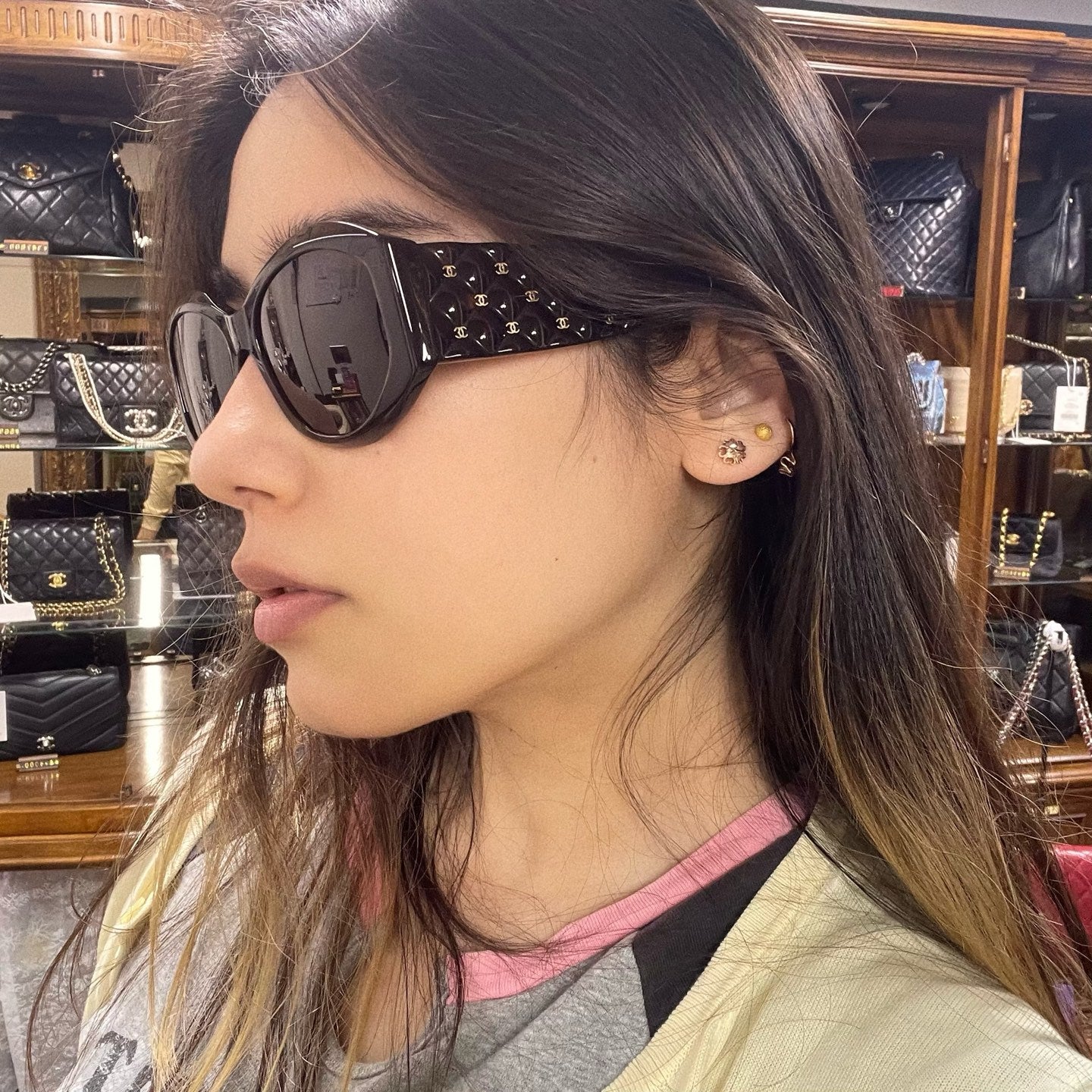Chanel Tortoiseshell Wide Frame Quilted CC Sunglasses Gold Hardware [Used]