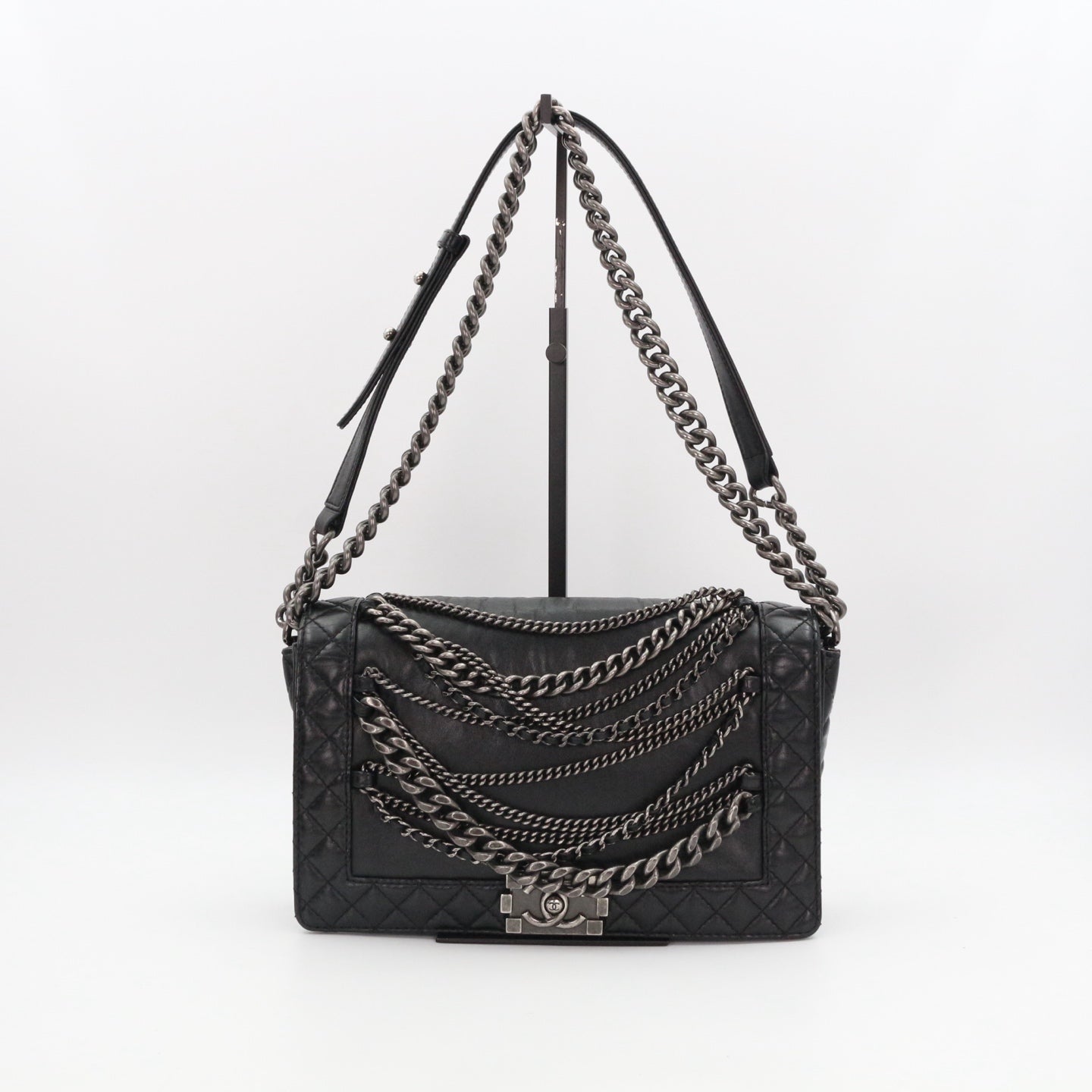 CHANEL Medium Boy Bag with Layered Chain Detail [Used]