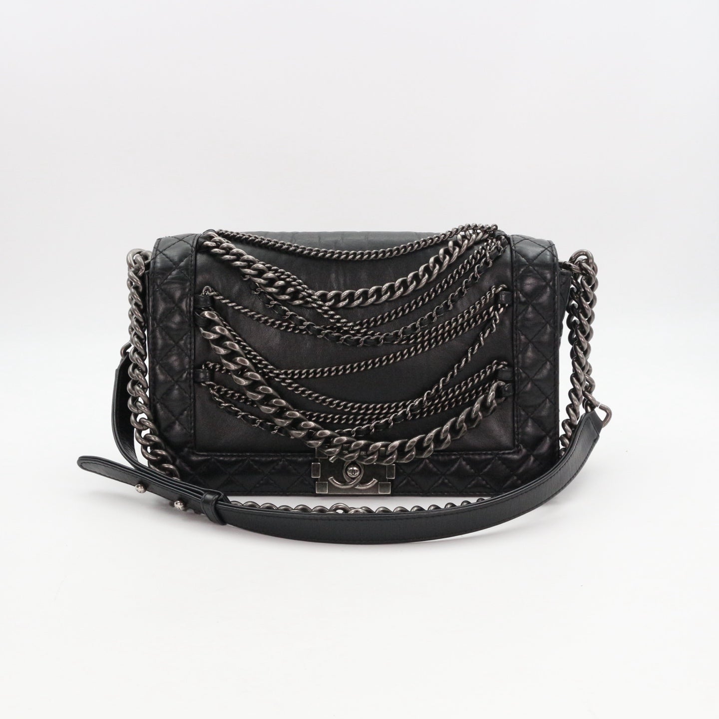 CHANEL Medium Boy Bag with Layered Chain Detail [Used]