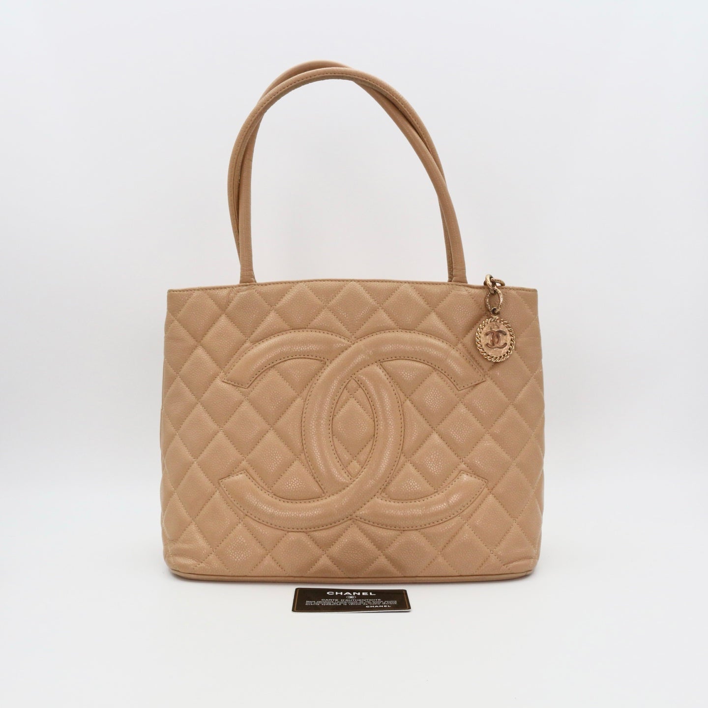 CHANEL Beige Caviar Medallion Tote Handbag [Used]