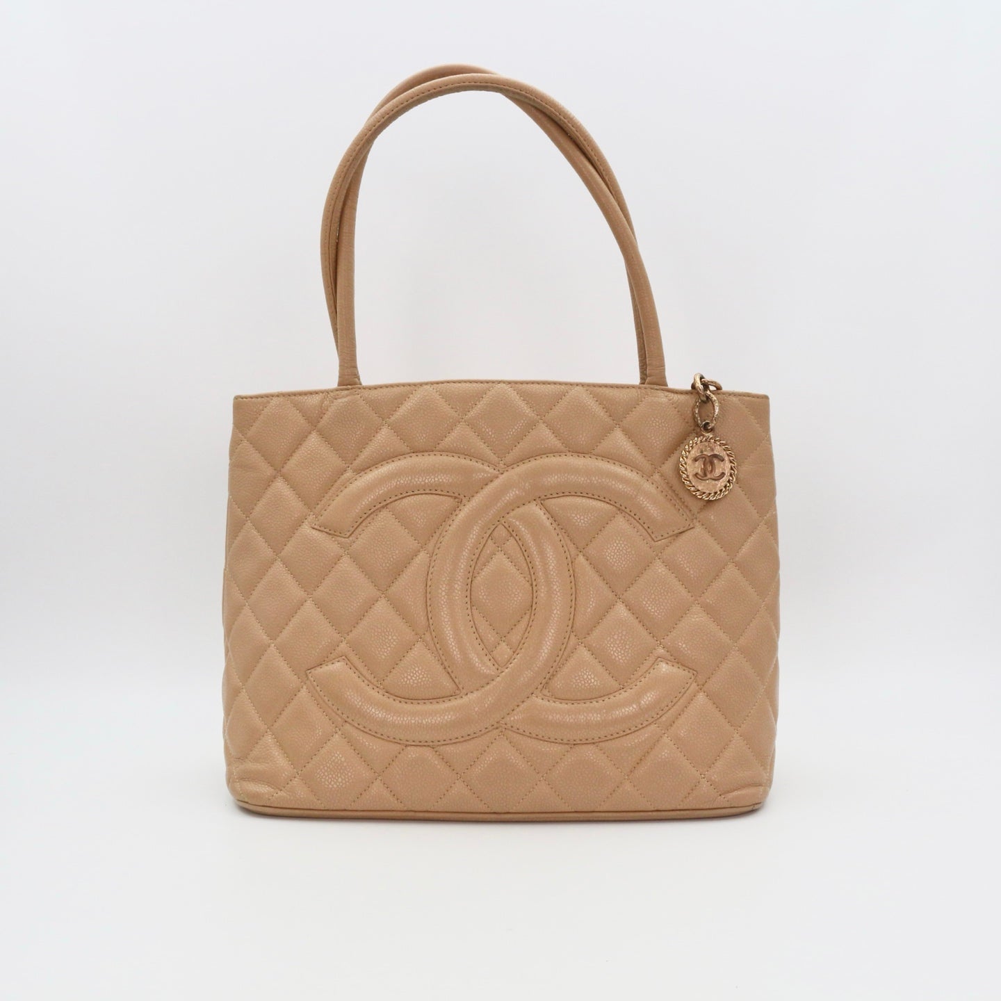 CHANEL Beige Caviar Medallion Tote Handbag [Used]