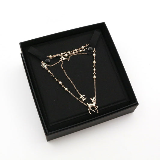 CHANEL Gold-Tone Christmas Reindeer Pearl Necklace [Unused]