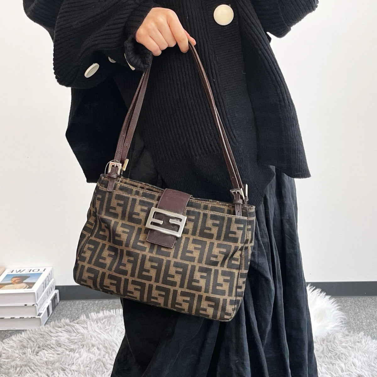 Fendi Brown Zucca Canvas Shoulder Tote Bag [Used]