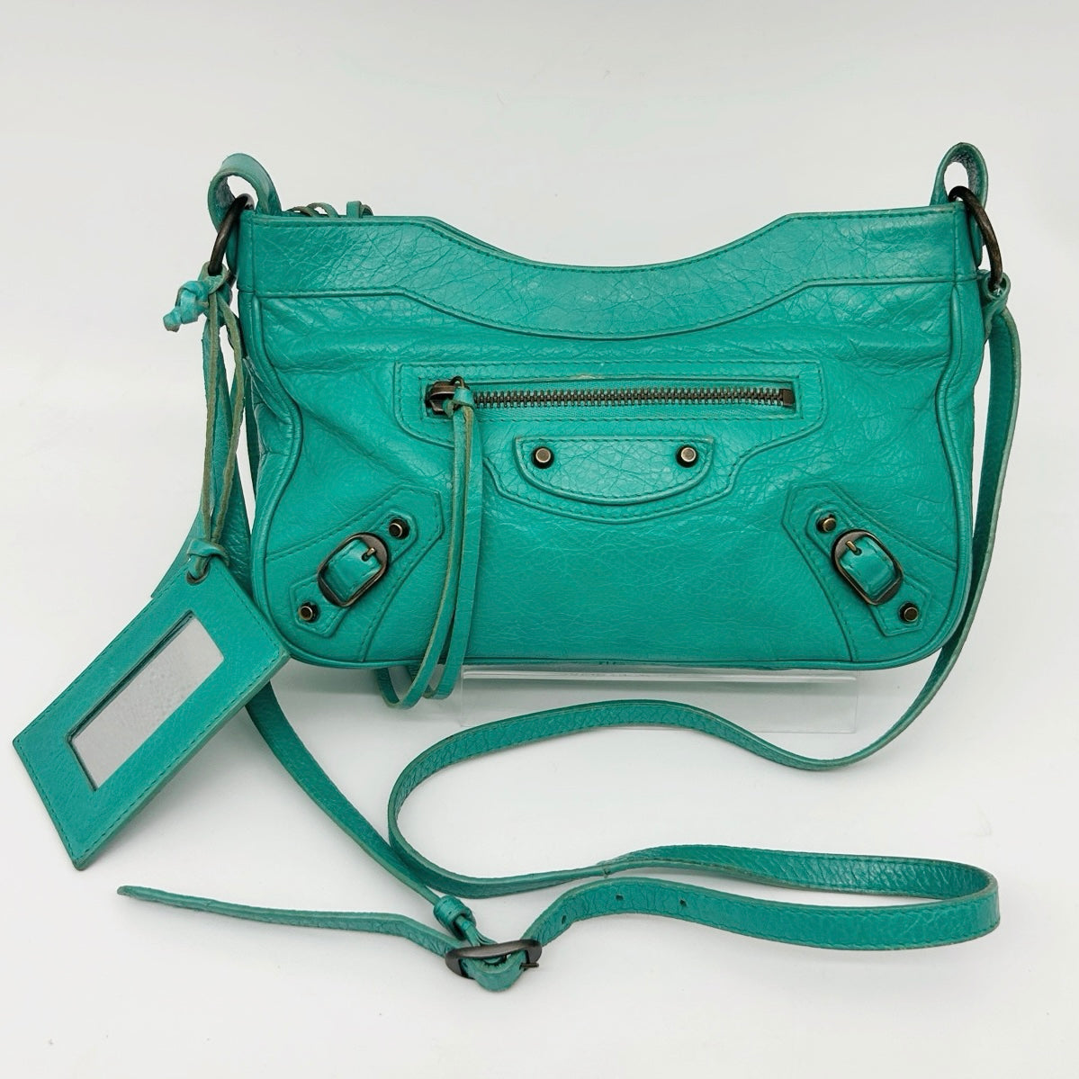Balenciaga Teal Blue Crinkled Leather Crossbody Bag [Used]