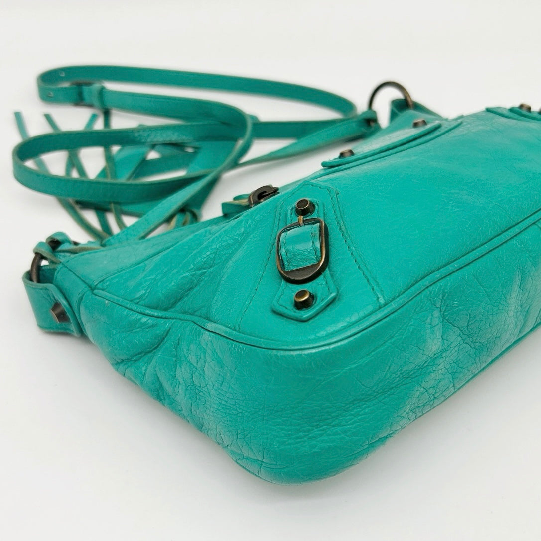 Balenciaga Teal Blue Crinkled Leather Crossbody Bag [Used]