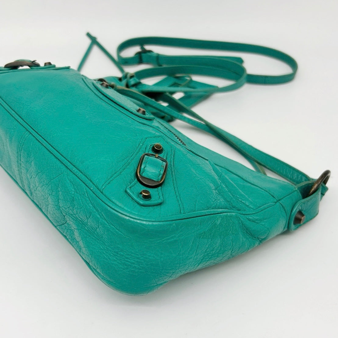 Balenciaga Teal Blue Crinkled Leather Crossbody Bag [Used]