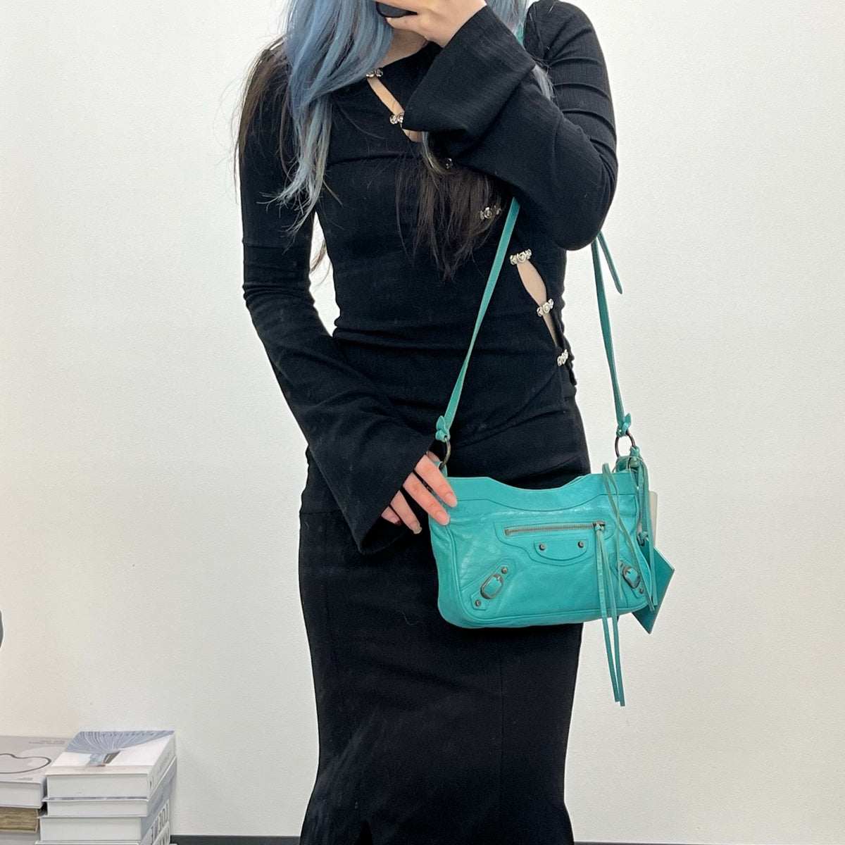 Balenciaga Teal Blue Crinkled Leather Crossbody Bag [Used]