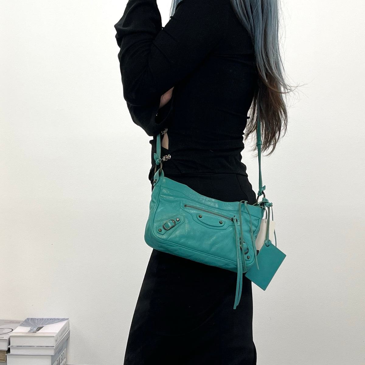 Balenciaga Teal Blue Crinkled Leather Crossbody Bag [Used]