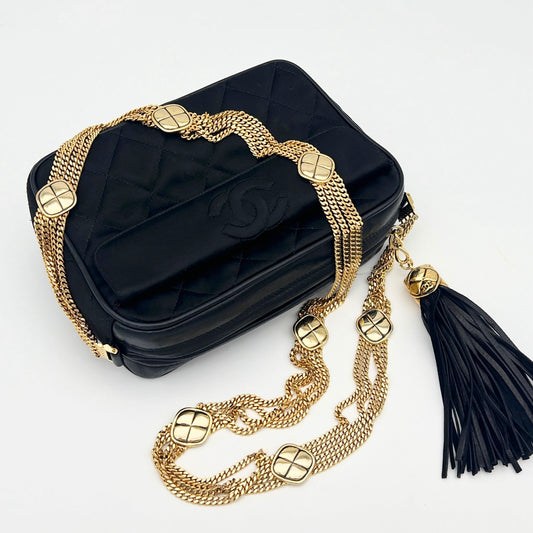 Chanel Satin Chain Camera Bag with Gold Ball Tassel in Black and Gold [Used]