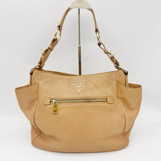 Prada Leather Shoulder Tote Bag Beige Gold Hardware [Used]