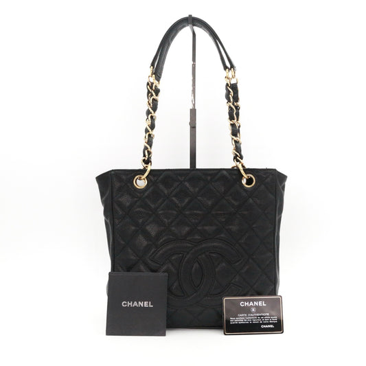 CHANEL Black Caviar Leather PST Tote Bag with Gold Hardware [Used]