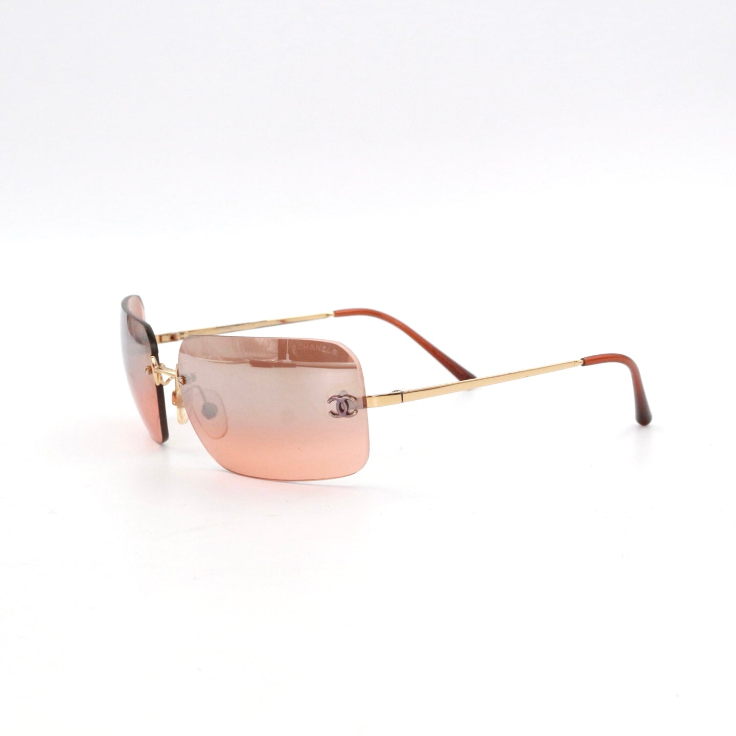 CHANEL Peach Brown Rimless CC Logo Y2K Sunglasses [Used]
