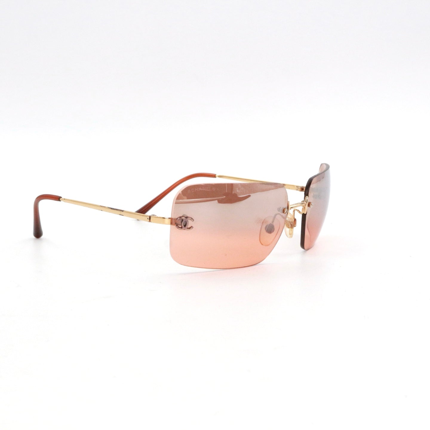 CHANEL Peach Brown Rimless CC Logo Y2K Sunglasses [Used]