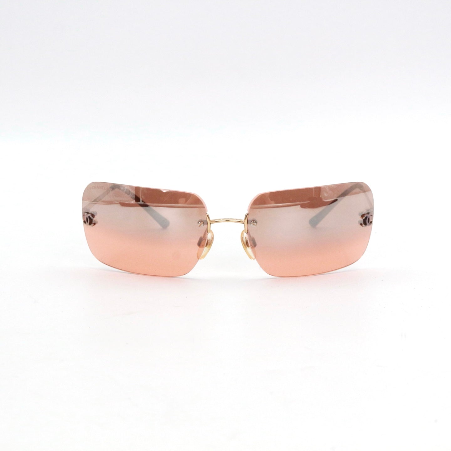CHANEL Peach Brown Rimless CC Logo Y2K Sunglasses [Used]