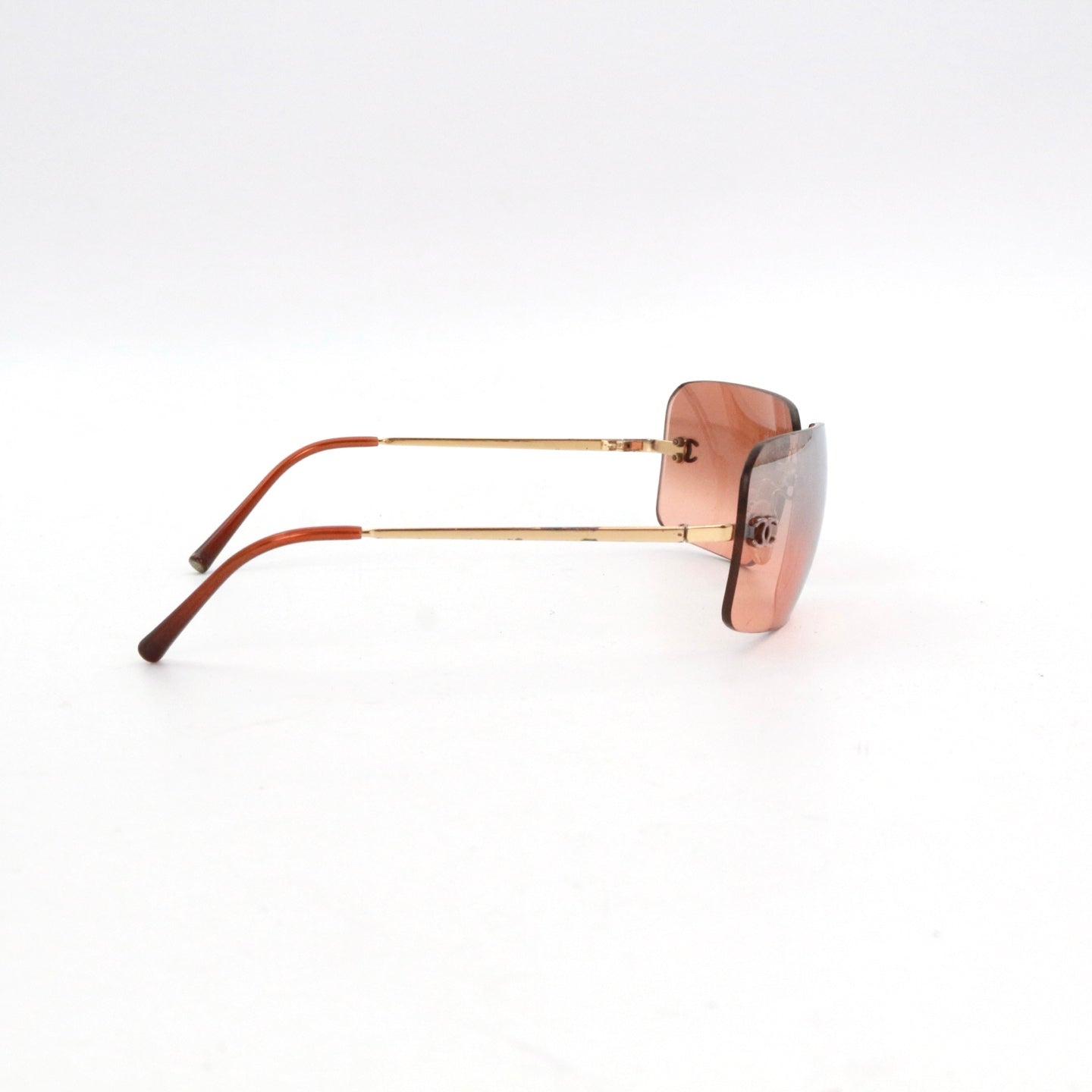 CHANEL Peach Brown Rimless CC Logo Y2K Sunglasses [Used]