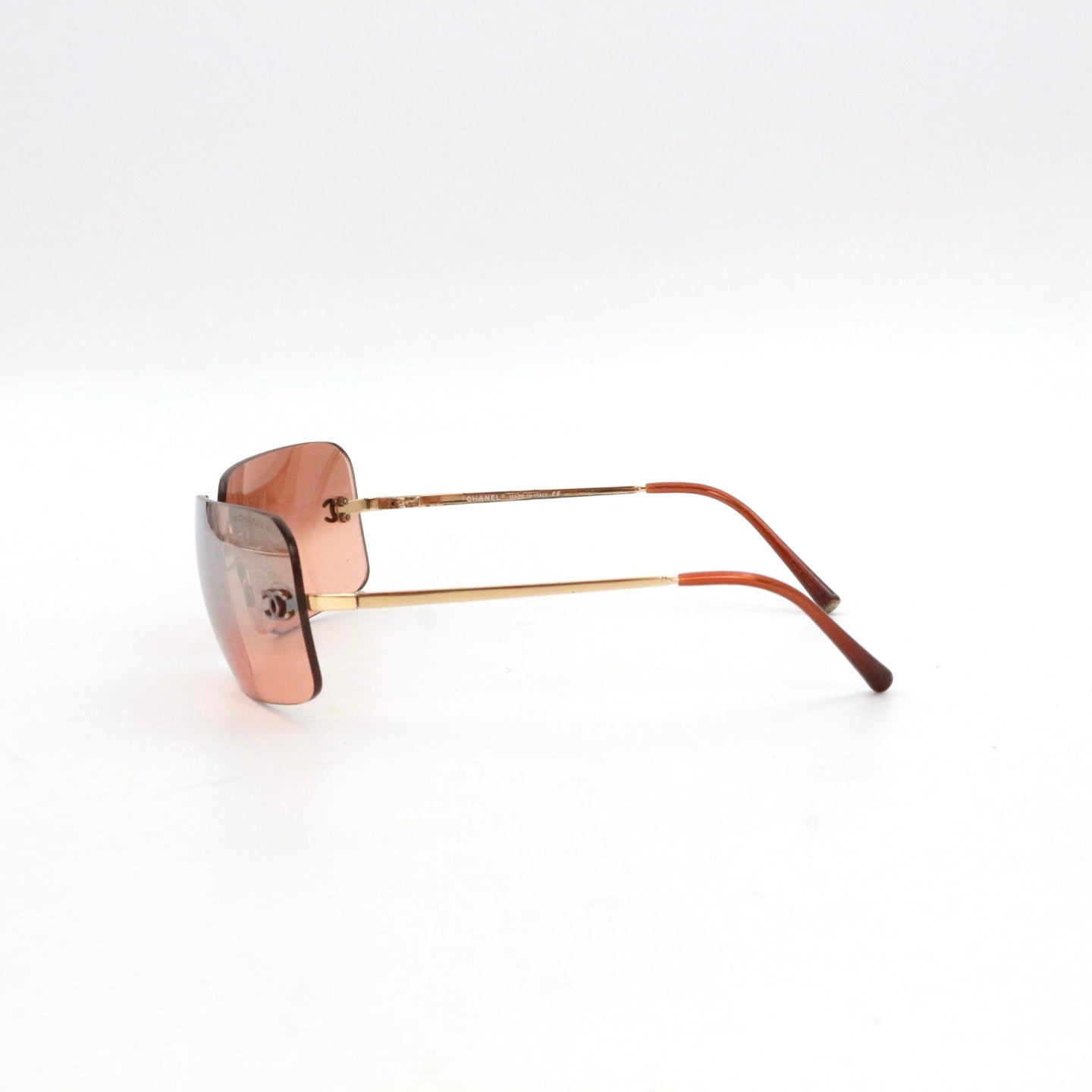 CHANEL Peach Brown Rimless CC Logo Y2K Sunglasses [Used]