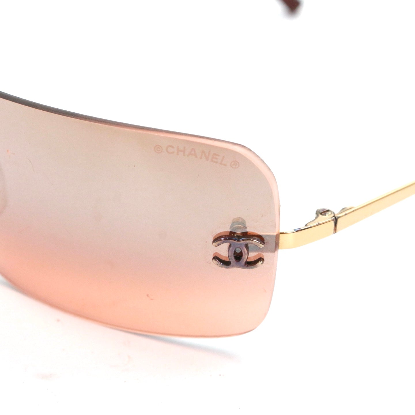 CHANEL Peach Brown Rimless CC Logo Y2K Sunglasses [Used]