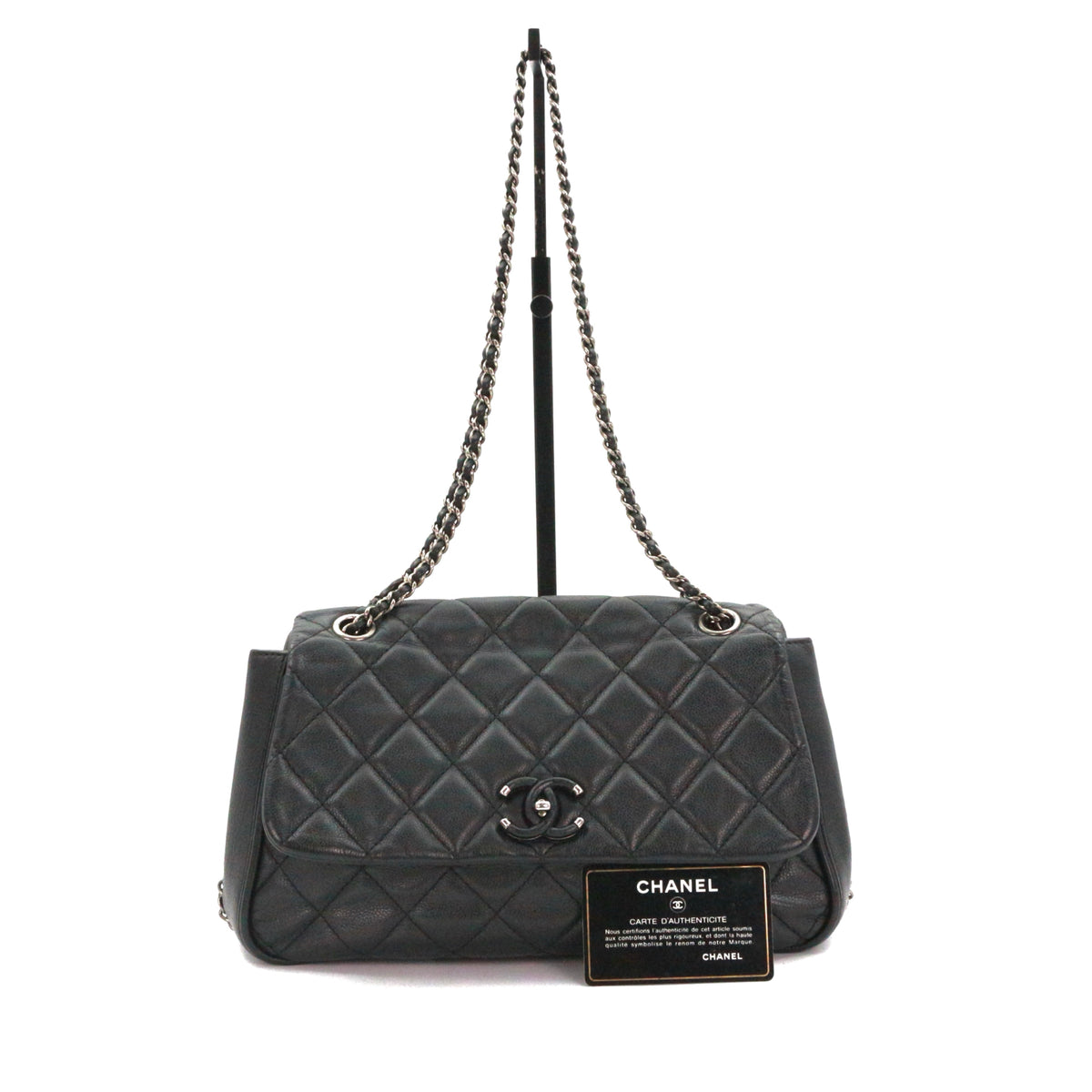 CHANEL Black Caviar Leather  Cuban Chain Shoulder Bag [Used]