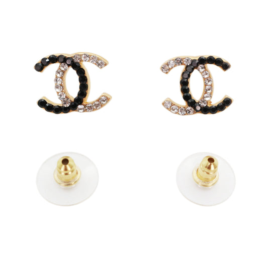 CHANEL Black & Clear Rhinestone CC Earrings [Used]