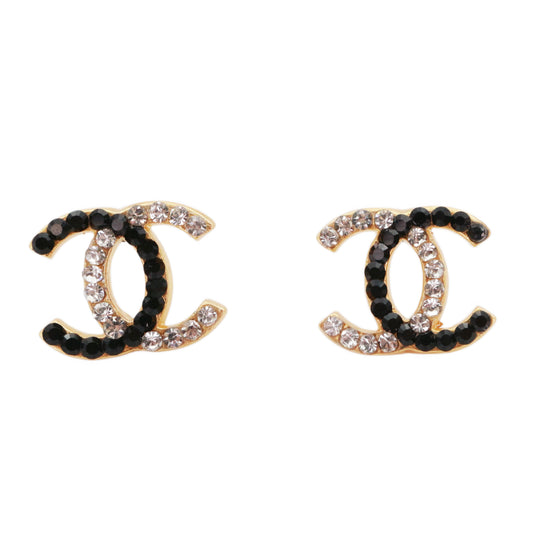 CHANEL Black & Clear Rhinestone CC Earrings [Used]