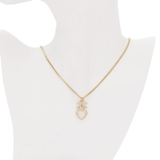 CHANEL Gold Tone CC Heart Rhinestone Necklace [Used]