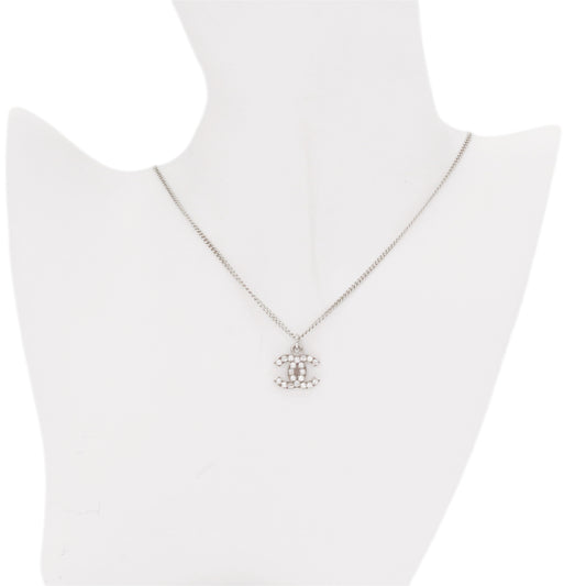 CHANEL Silver Tone Rhinestone CC Logo Necklace [Used]