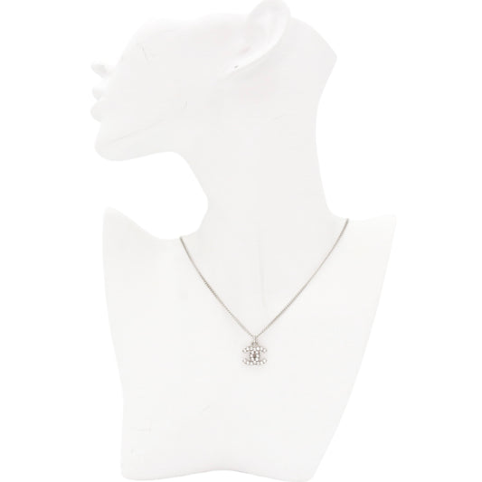 CHANEL Silver Tone Rhinestone CC Logo Necklace [Used]
