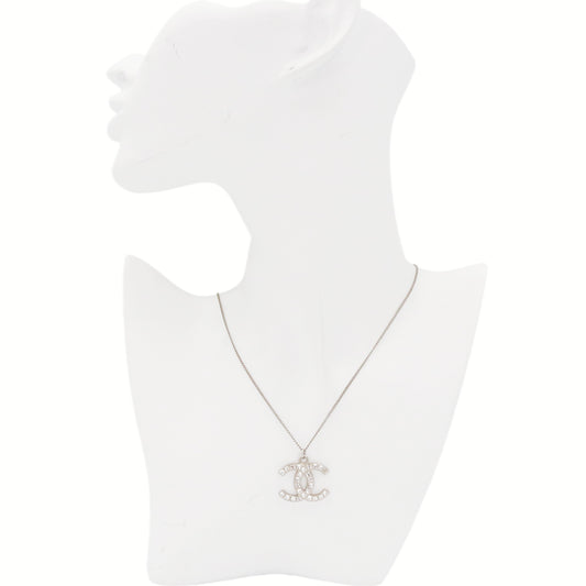 CHANEL Silver Tone Square Rhinestone Large CC Logo Necklace [Used]