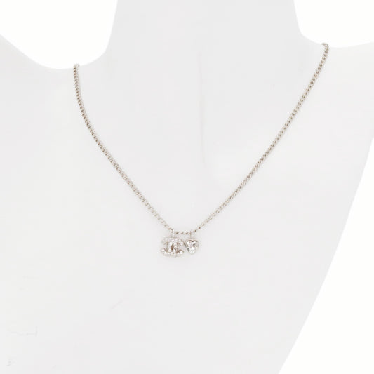 CHANEL Silver Tone Rhinestone CC Logo & Heart Mini Pendant Necklace [Used]