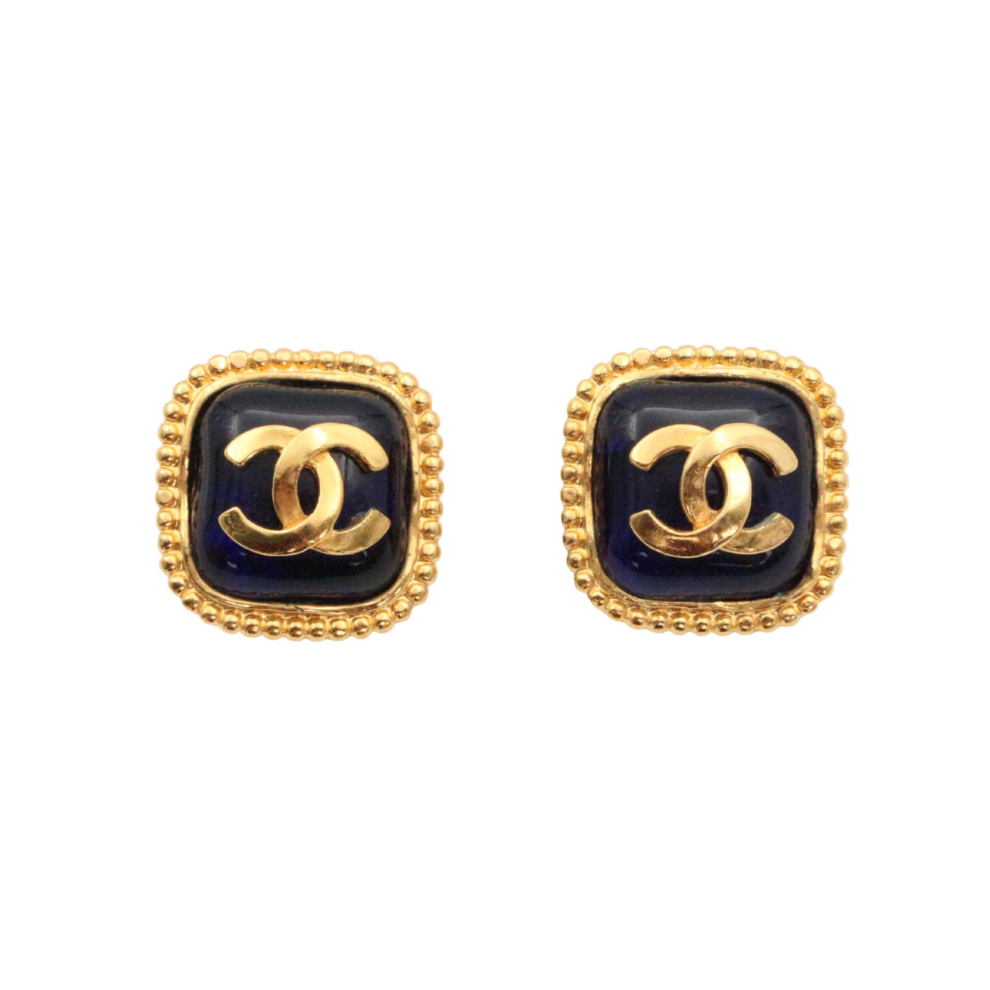 CHANEL 96A Gold Tone Blue Glass CC Clip-On Earrings [Used]