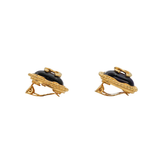 CHANEL 96A Gold Tone Blue Glass CC Clip-On Earrings [Used]