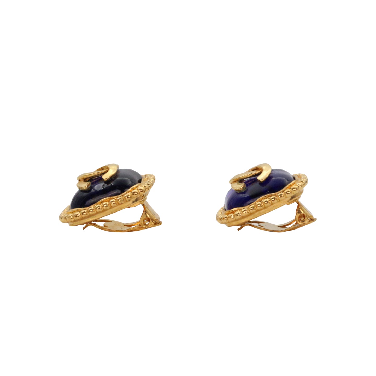 CHANEL 96A Gold Tone Blue Glass CC Clip-On Earrings [Used]