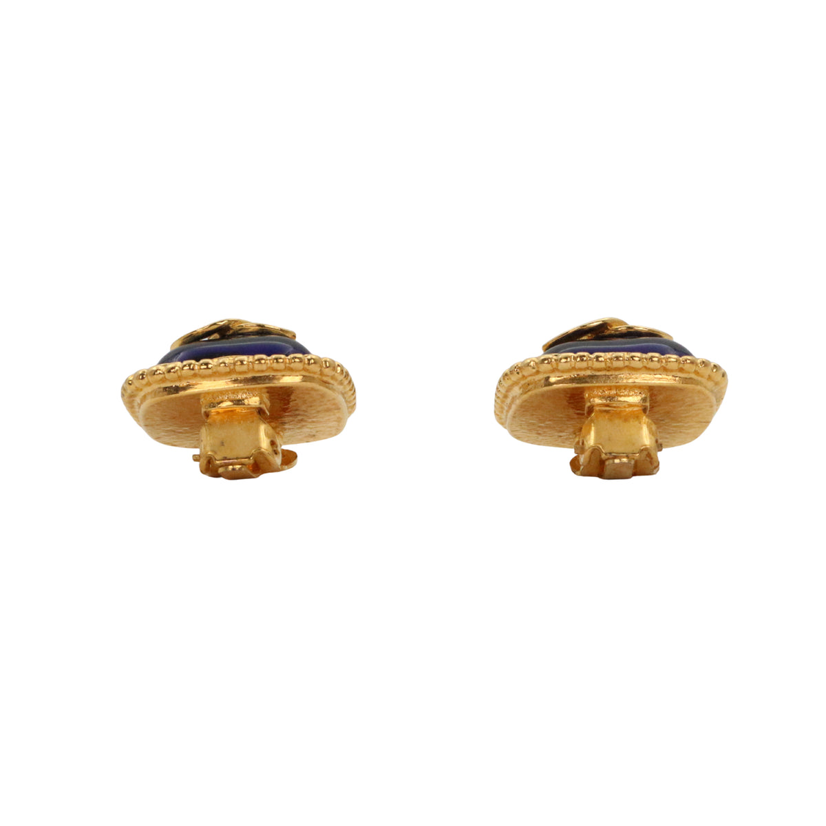 CHANEL 96A Gold Tone Blue Glass CC Clip-On Earrings [Used]