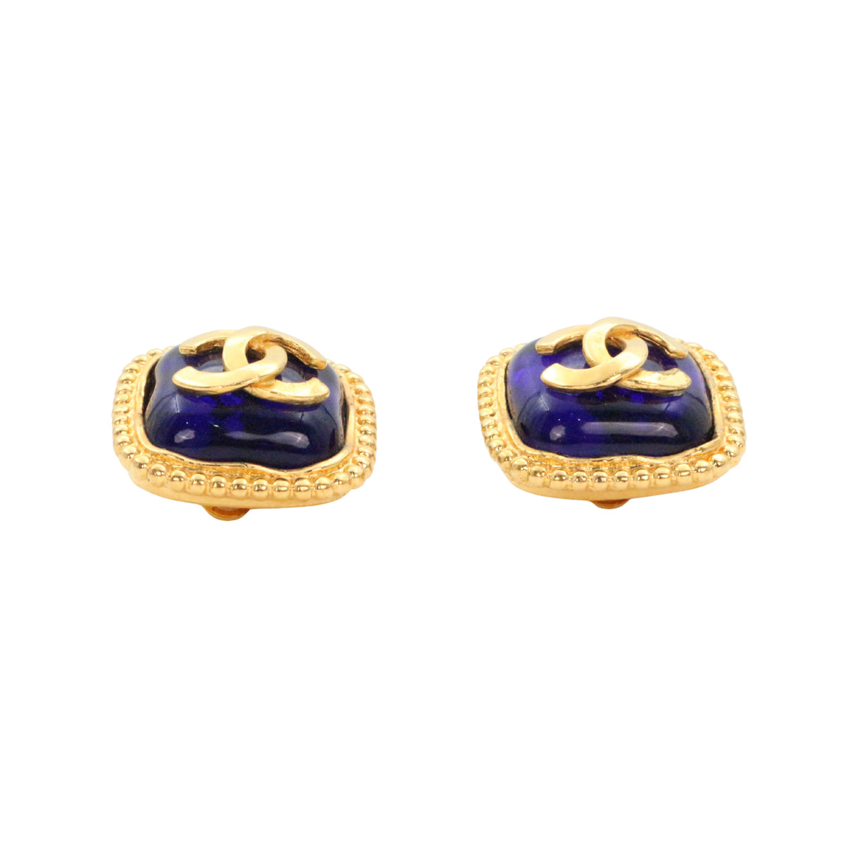 CHANEL 96A Gold Tone Blue Glass CC Clip-On Earrings [Used]