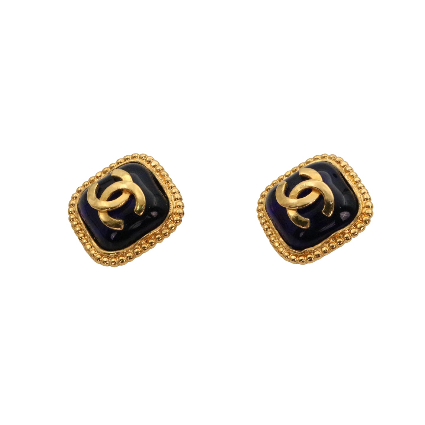 CHANEL 96A Gold Tone Blue Glass CC Clip-On Earrings [Used]