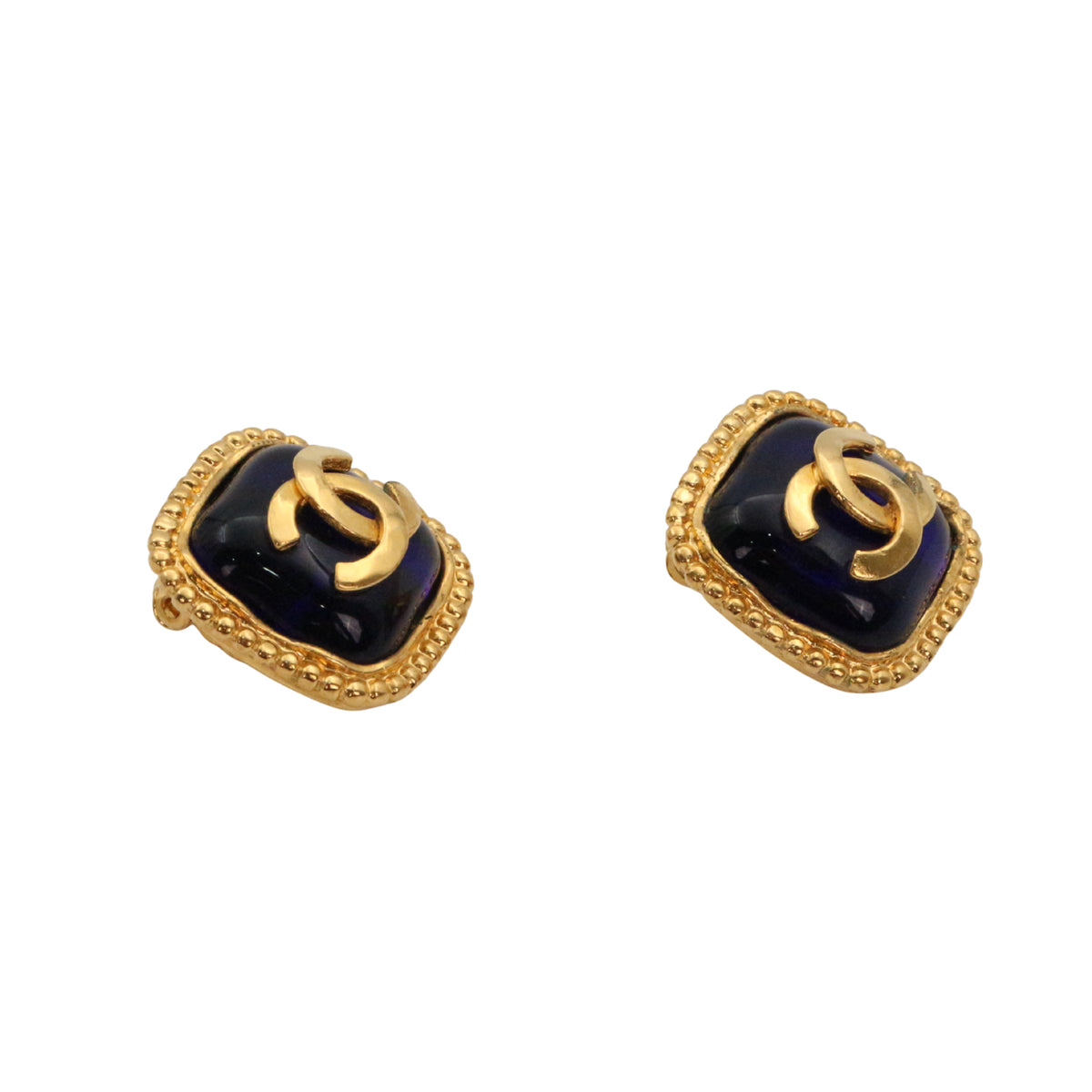 CHANEL 96A Gold Tone Blue Glass CC Clip-On Earrings [Used]
