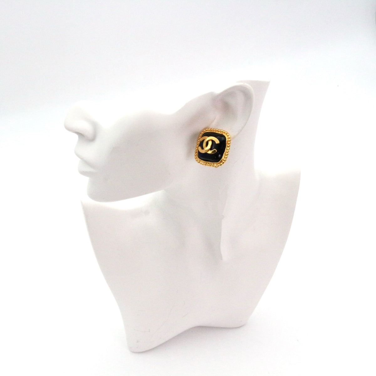 CHANEL 96A Gold Tone Blue Glass CC Clip-On Earrings [Used]