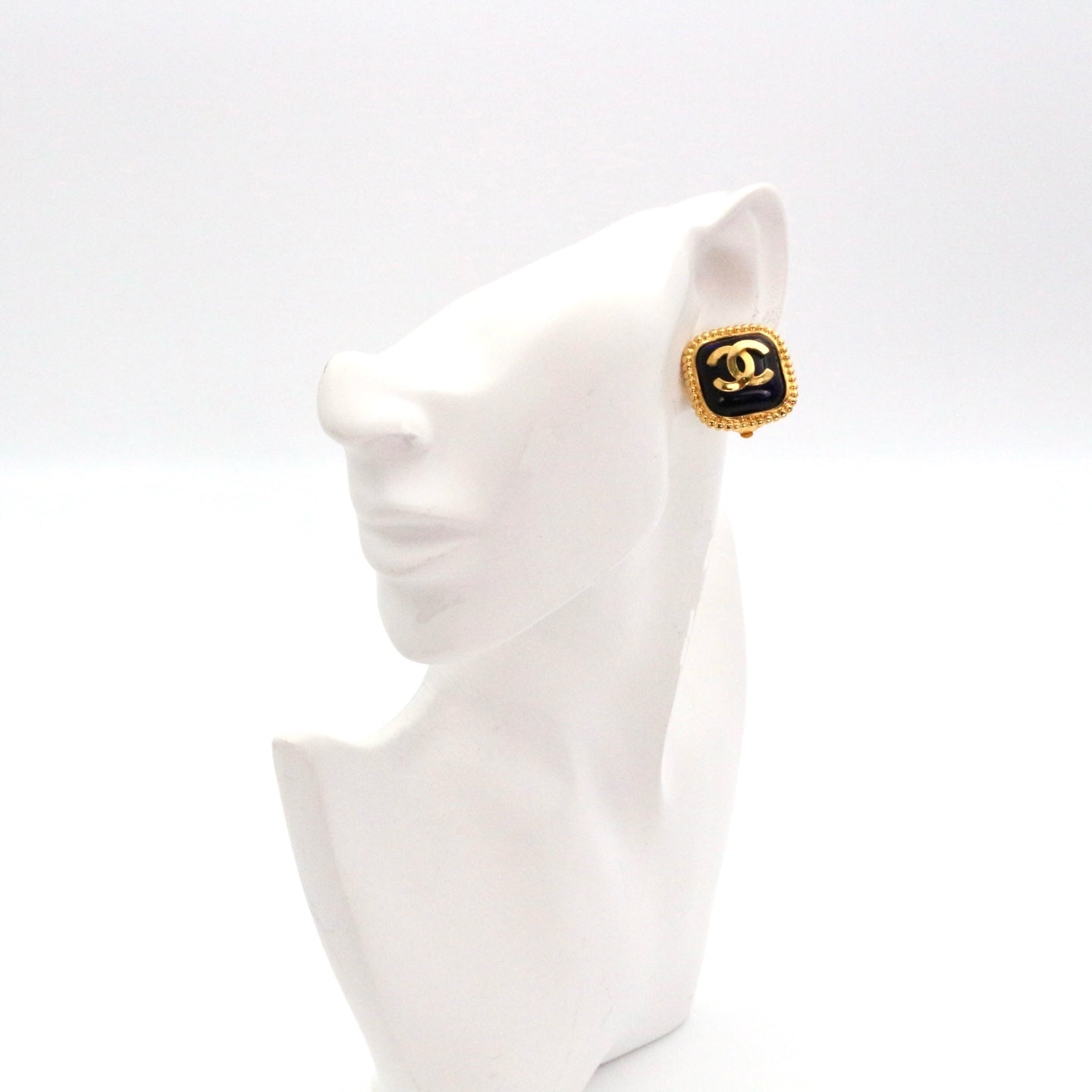 CHANEL 96A Gold Tone Blue Glass CC Clip-On Earrings [Used]