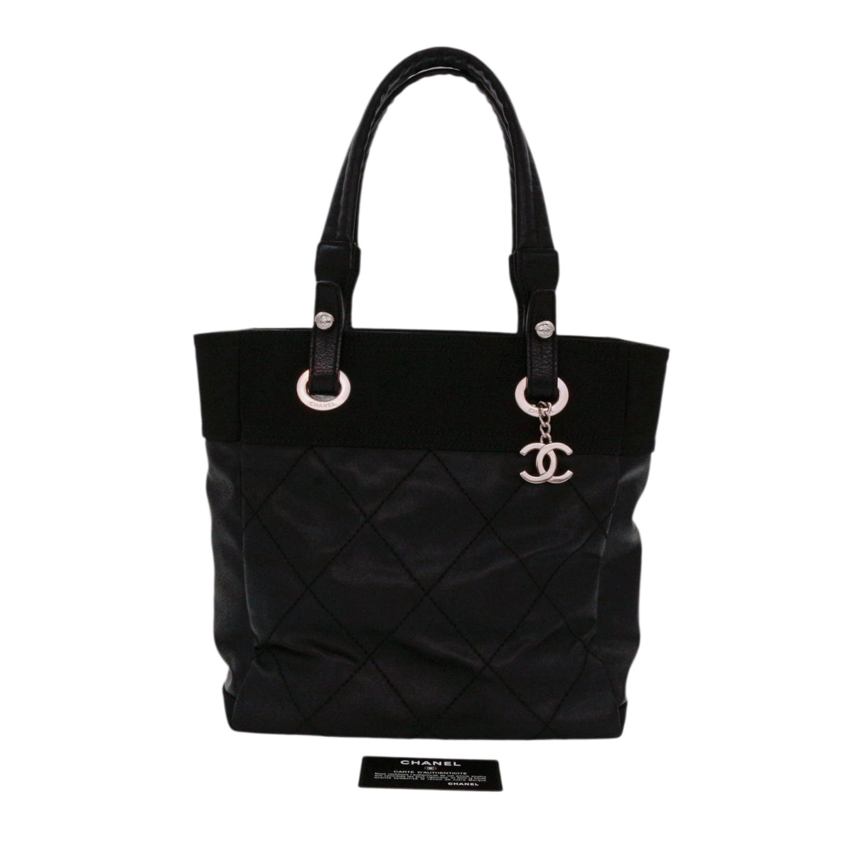 CHANEL Black Coated Canvas & Leather Small Paris Biarritz Tote [Used]