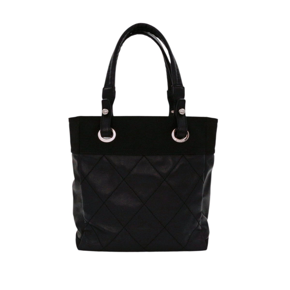 CHANEL Black Coated Canvas & Leather Small Paris Biarritz Tote [Used]