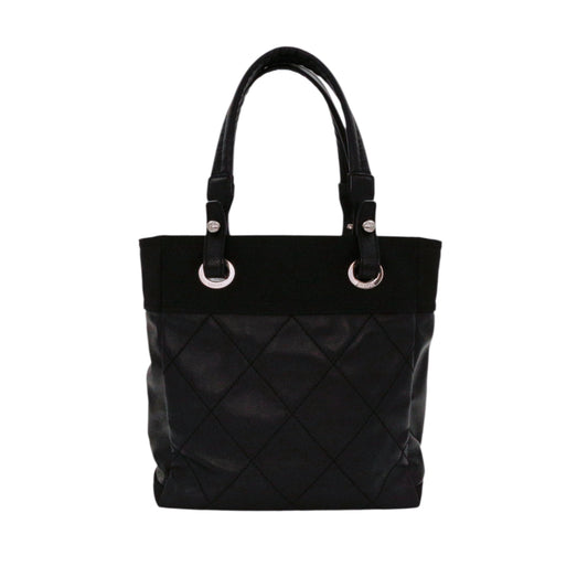 CHANEL Black Coated Canvas & Leather Small Paris Biarritz Tote [Used]