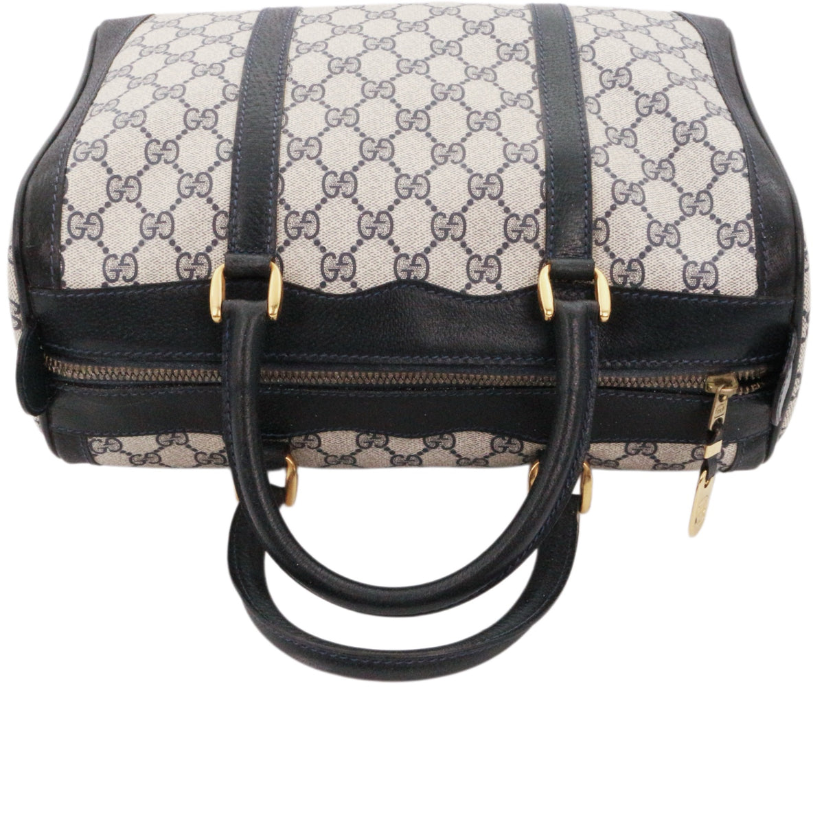GUCCI Beige & Dark Blue GG Canvas Boston Tote Bag [Used]