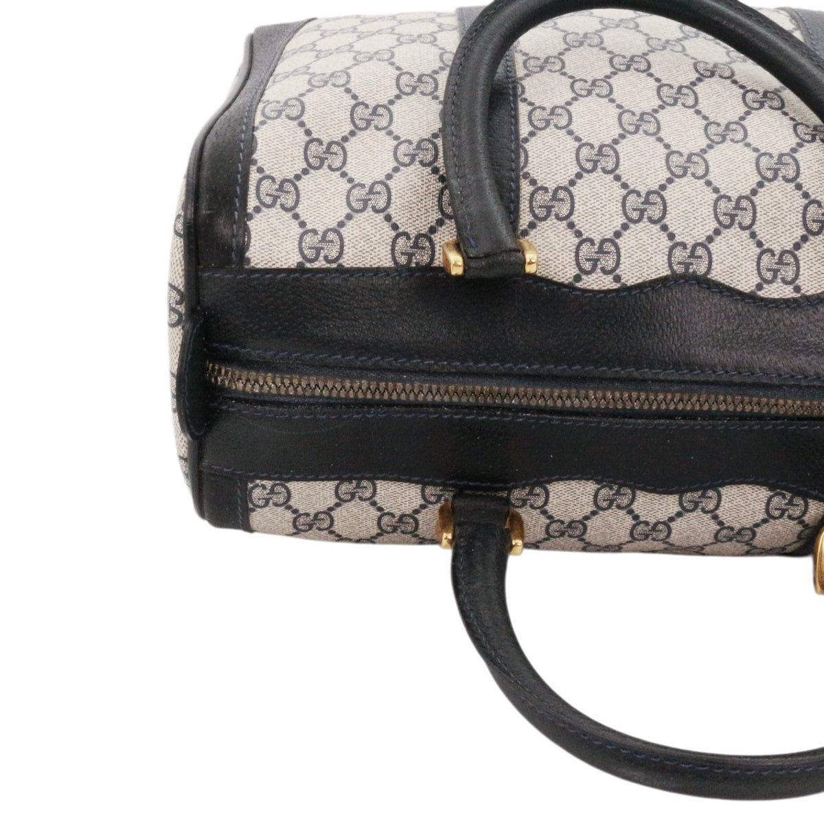 GUCCI Beige & Dark Blue GG Canvas Boston Tote Bag [Used]