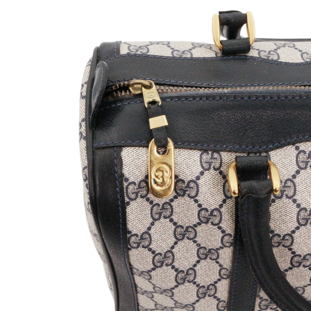 GUCCI Beige & Dark Blue GG Canvas Boston Tote Bag [Used]